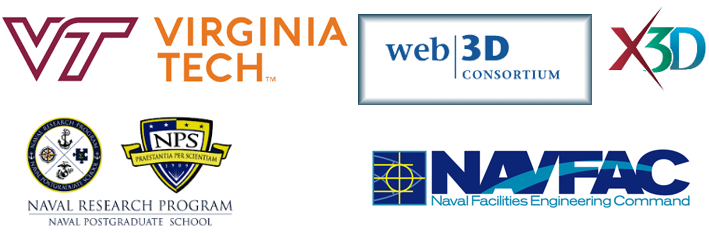 Virginia Tech (VT), Web3D Consortium, X3D Graphics, NPS Naval Research Program (NRP), NAVFAC logos