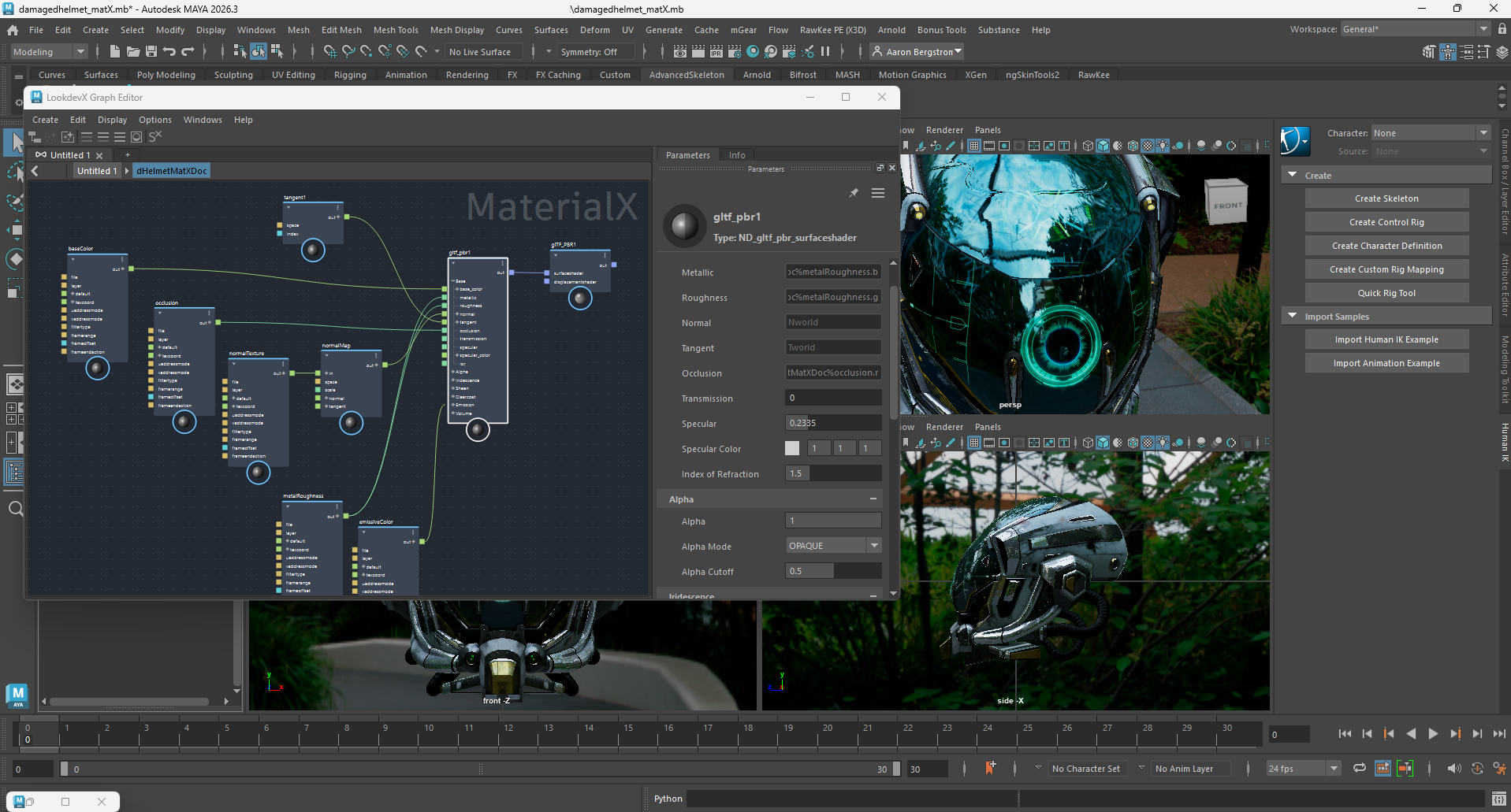 Screenshot of Using LookdevX Graph Editor in Maya with Damaged Helmet Model