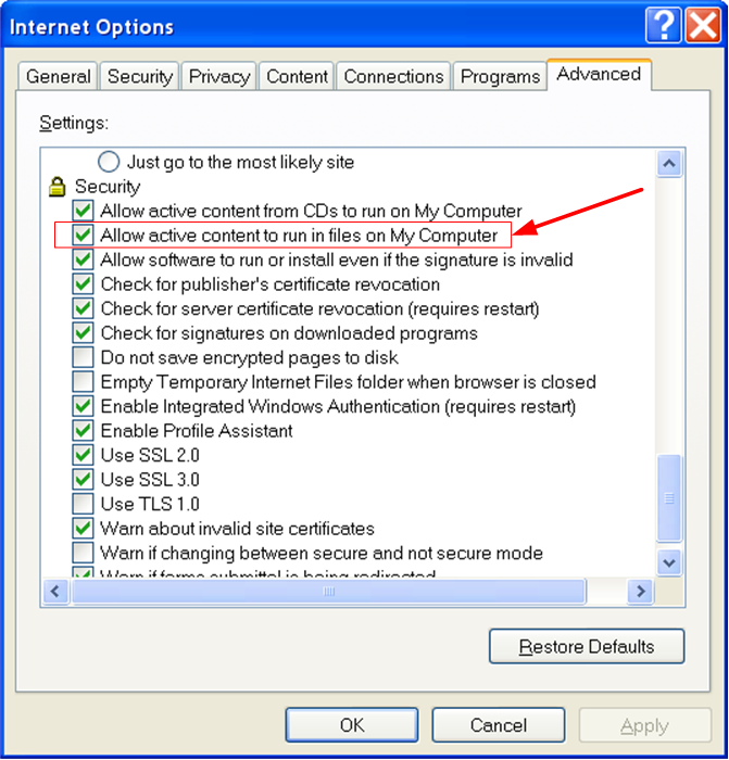 Windows Xp Allow Blocked Content To Run Internet Options
