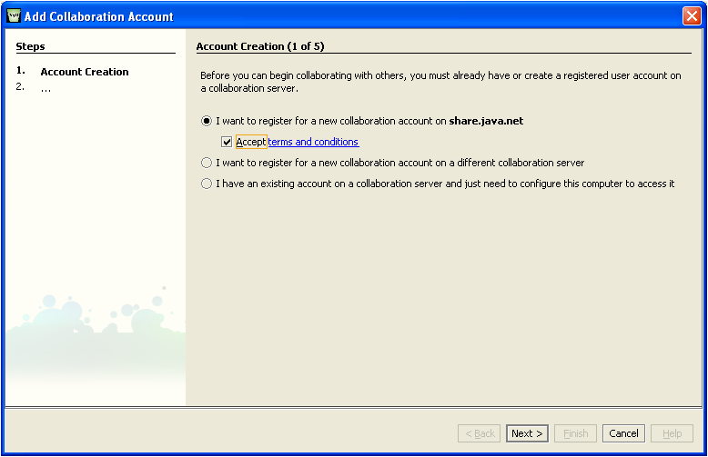New Account Creation at java.share.net